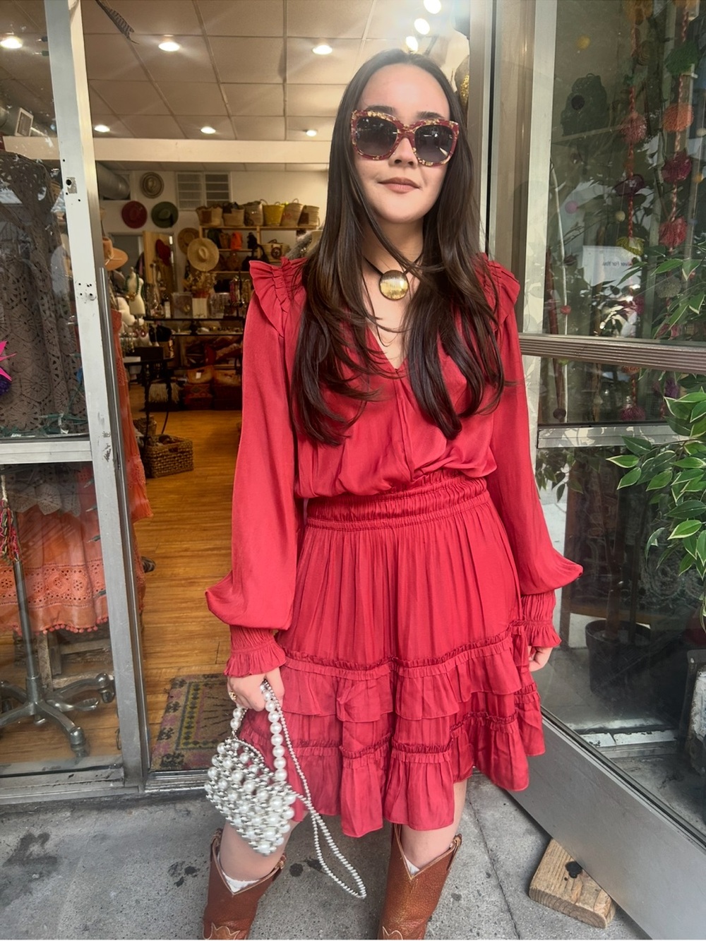 Red Ruffled Long-Sleeve Tiered Dress
